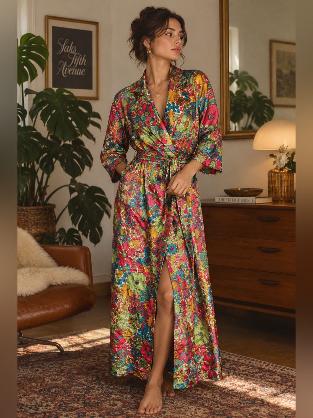 VTG Saks 5th Ave Long Robe One Size Eclectic 70s Floral Bohemian Retro Glamour